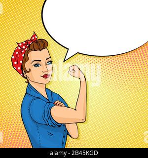 Wir Können Es Mädchen machen. Symbol der Frauen für weibliche Macht, Frauenrechte, Feminismus oder Protest. Doodle-Zeichentrickfigur im Comicstil. Stock Vektor