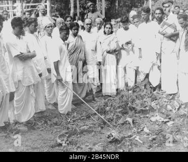 Mahatma Gandhi sieht menschliche Skelette während seiner Friedensmission in Noakhali, Bengalen, Indien, Januar 1947, altes Bild aus dem 19. Jahrhundert Stockfoto