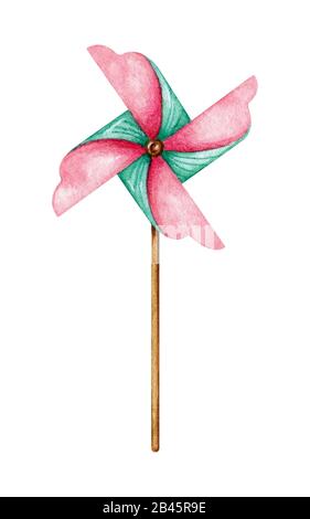 Buntes Pinwheel auf einem Holzstab. Kinderspielzeug isoliert auf weißem Hintergrund. Helle Windmühle für Kinder und Sommerdesign. Stockfoto