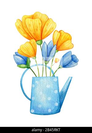 Rustikale metallische Gießkanne mit Wildblumen darin. Blaue und gelbe Mohn in einem Polka-Punkt können. Stockfoto