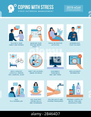 Infografik zur Kovid-19-Behandlung von Ausbrüchen, um Stress und Angst in Notfällen zu bewältigen Stock Vektor