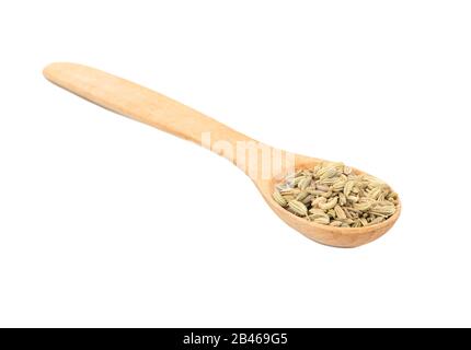 Löffel aus Holz mit trockenen Fenchel auf weißem Hintergrund Stockfoto