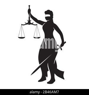 Themis Frauenjustiz ist eine schwarze Silhouette auf einem weiß isolierten Hintergrund. Vektorbild Stock Vektor