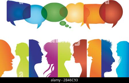 Gruppe von isolierten Menschen in Profil farbigen Silhouette. Sprechblase. Menschen sprechen. Kommunizieren Sie in sozialen Medien. Sprechen Sie im Netz. Sprechen Stock Vektor