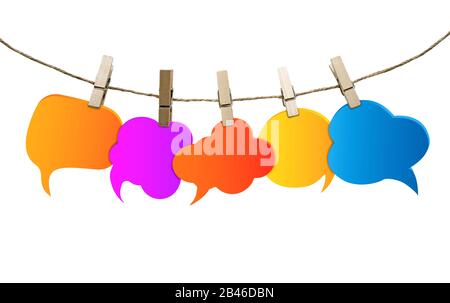Isolierte farbige Sprechblasen. Soziale Netzwerke. Klatsch. Chatter sprechen und kommunizieren. Informationen. Gruppe leerer Ballons. Wolken Stockfoto