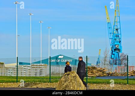 Allgemeiner Blick auf den Hafen von Cardiff Docks mit farblich lackierten großen Kränen zum Be- und Entladen von Schiffen. Stockfoto