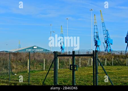 Allgemeiner Blick auf den Hafen von Cardiff Docks mit farblich lackierten großen Kränen zum Be- und Entladen von Schiffen. Stockfoto