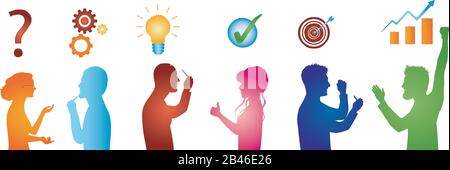 Konzeption des Problemlösungsteams. Unternehmenslösung. Analyse und Suche nach einer Lösung für die Probleme. Strategie und Erfolg. Client-Service. Silhouette Stock Vektor