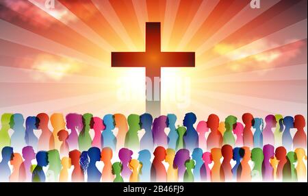 Menschen finden Christentum. Menschenmenge an Gläubigen. Menschen am Kreuz. Gläubige, die beten. Gruppe von Personen. Christliche Kirche. Christliche Anbetung. Stockfoto