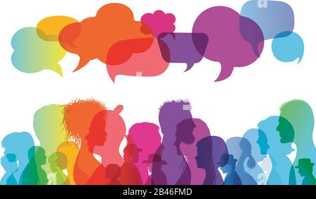 Speech Bubble.Dialoggruppe people.Communication Multikultural People.Crowd talking.Silhouette.Multiethnic.Communicate.Sharing idea.Rainbow Colors Stock Vektor