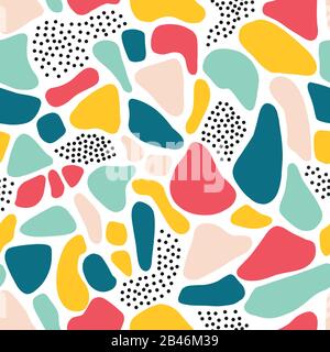 Abstrakte Formen mit nahtlosem Muster Terrazzo-Mosaik-Stil. Wiederholen der Collage Hintergrund rosa blau gelb Teelfragmente. Stock Vektor