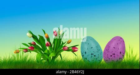 Bunte ostereier auf Gras mit Tulpen und farbenfrohem Hintergrund Stockfoto