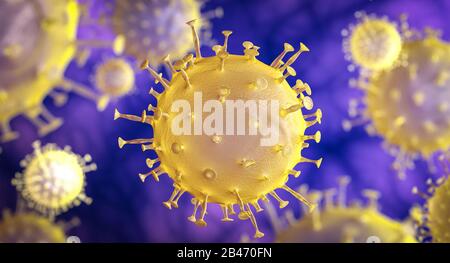 Coronavirus 2019-nCov, Mikroskopvirus Nahaufnahme. 3D-Rendering: Konzept für das medizinische Gesundheitsrisiko bei Pandemie Stockfoto