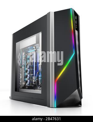 Modernes PC-Gehäuse mit RGB-LED-Leuchten. 3D-Abbildung. Stockfoto