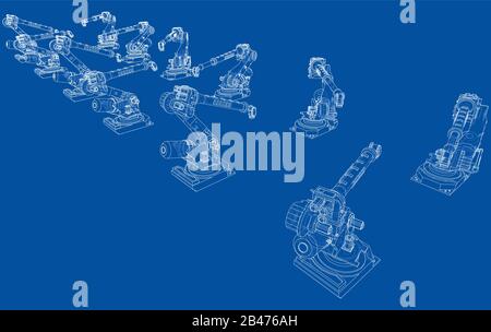 Ein Industrieroboter manipuliert. Blaupause. Vektorrendering aus 3D-Modell Stock Vektor