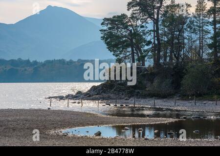 Frars Crag mit Catbells und Maiden Moor-Fells im Hintergrund von Strandshag Bay, Keswick, Lake District National Park, Cumbria, Großbritannien aus gesehen. Stockfoto