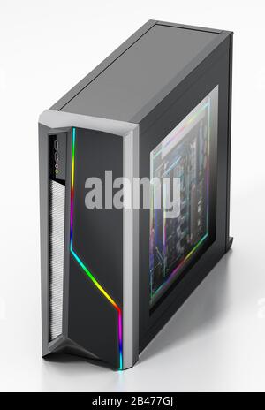 Modernes PC-Gehäuse mit RGB-LED-Leuchten. 3D-Abbildung. Stockfoto