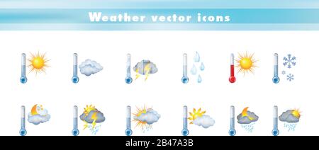 Vektorsymbole mit Thermometer und Wettervorhersage einstellen. 3d-Illustration. Symbole und Zeichen Meteorologie - Klima - Temperatur Stock Vektor