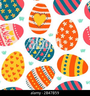 Oster Ei nahtloser Hintergrund. Süße handgezeichnete, dekorierte Ostereier, wiederholendes Muster. Stockfoto