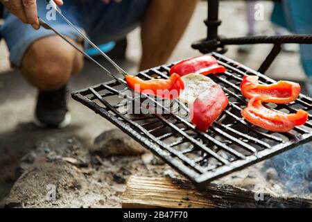 Der Mann und seine kleine Tochter grillen im Wald am felsigen Ufer des Sees und machen ein Feuer, grillen Brot, Gemüse und Marshmallow. Frohes Familienfest Stockfoto