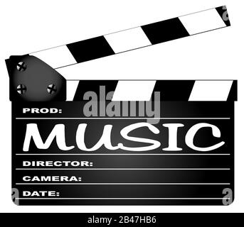 Ein typisches Film-Clapperboard mit der Legendenmusik isoliert auf Weiß. Stock Vektor