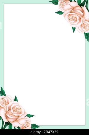 Blassgrüner Rahmen mit bemalten beigen Rosen und grünen Blättern in den Ecken auf weißem Grund. Dekoratives Element für Einladungen, Karten und Design. Stockfoto