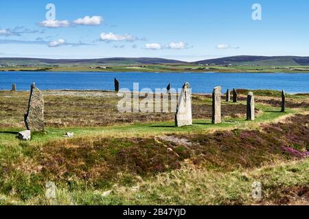 UK, Schottland, Orkney Islands ist eine Inselgruppe auf den nördlichen Inseln Schottlands, Atlantik, er ist ein alter Stein des Rings von Brodgar auf den Orkney-Inseln vor der Nordküste Schottlands. Dieses Denkmal im Herzen des neolithischen Orkney-Weltnaturerbes soll vor 4000 bis 4500 Jahren erbaut worden sein. Ursprünglich mit sechzig Steinen im Kreis über 100 Meter quer gebaut, stehen noch weniger als die Hälfte der Steine. Der höchste der Steine ist etwas mehr als 4,5 Meter groß Stockfoto