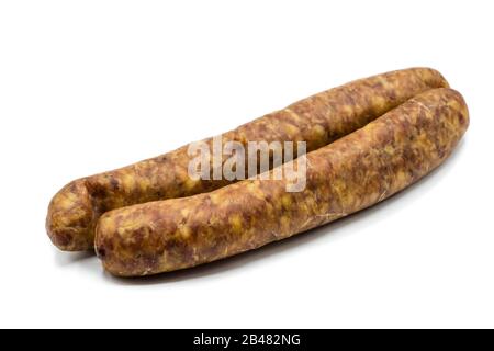 geräucherte Wurst isoliert auf weißem Hintergrund Stockfoto