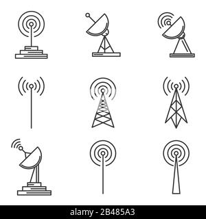 Antennensymbole festgelegt. Lineare Antennensymbole isoliert. Satz von Wireless-Tower-Symbolen. Vektorgrafiken. Stock Vektor