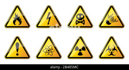 Gefahrensymbole. Vektorsatz mit Warnzeichen. Dreikantige Warnhinweise. Vektorgrafiken. Stock Vektor