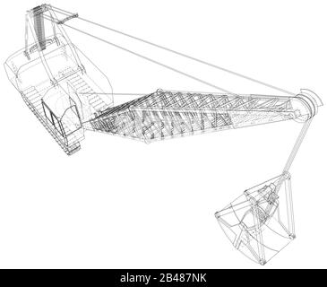 Dragline-Bagger. Isolierter Vektor für Baumaschinen. Schweres Gerätefahrzeug. Die Ebenen der sichtbaren und unsichtbaren Linien werden getrennt. Drahtfrae Stock Vektor