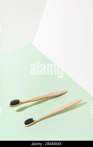 Zwei hochfliegende Bambusbürsten auf einem mintweißen volumetrischen Hintergrund. Das Konzept der Leichtigkeit des grünen Lebens Stockfoto