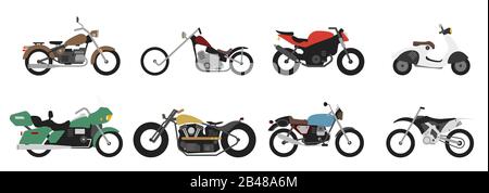 Satz Motorrad- oder Motorrad-, Rad- oder Extremzyklus. Retro-Straßenroller und moderner Cruiser oder Moped. Sammeltransporte für den Straßenlauf. Stock Vektor