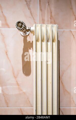 Schmaler Heizstrahler mit Regler in der Nähe der gefliesten Wand Stockfoto