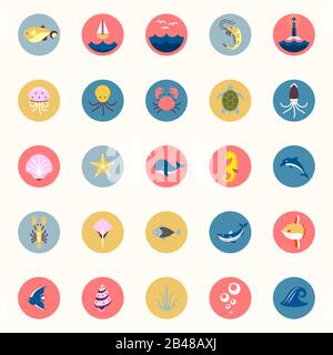 Marinesymbole festgelegt. Meer- und Ozeanembleme. Flache Cartoon-Webbuttons für Apps und Spiele oder Arkaden. Elemente im Retro-Stil. Kreaturen und Fischaufkleber Stock Vektor