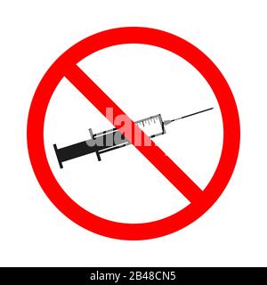 Keine Drogen erlaubt. Kein Spritzenschild auf weißem Hintergrund. Stopp-Drogen-Zeichen. Vektorgrafiken. Stock Vektor