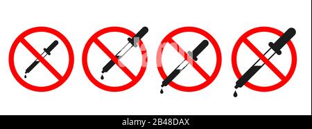 Prüfverbot auf weißem Hintergrund. Kein Pipettenschild. Laboranalysekonzept. Satz von Vektorsymbolen. Stock Vektor