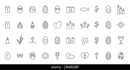 Oster Outline Icons Set. Fröhliche Oster-Ikonen im modischen linearen Stil. Web-Ikonen der christlichen Religion. Vektorgrafiken. Stock Vektor