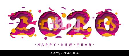 Farbbanner für das neue Jahr "Happy 2020". Vektorgrafiken für Feiertage. Karte für das neue Jahr "Happy 2020" im Papierschnitt Stock Vektor
