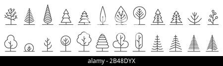 Große Reihe von Symbolen für lineare Bäume. Symbole für isolierte Gliederungsbäume. Baumsymbole werden in flacher Linienart festgelegt. Schwarze Vektorgrafiken Stock Vektor