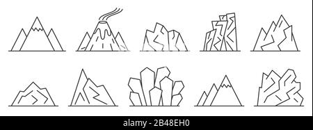 Satz von Bergsymbolen. Berg-Ikonen im trendigen linearen Stil. Vektorgrafiken. Stock Vektor