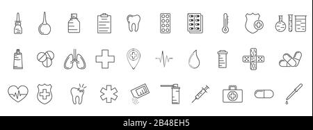 Symbole für medizinische Umrisse. Satz linearer medizinischer Symbole. Vektorgrafiken in flacher Linienform. Stock Vektor