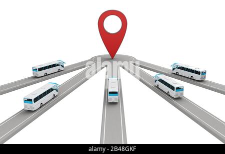 Eine Gruppe von Bussen fährt an einem Ziel. 3D-Rendering Stockfoto