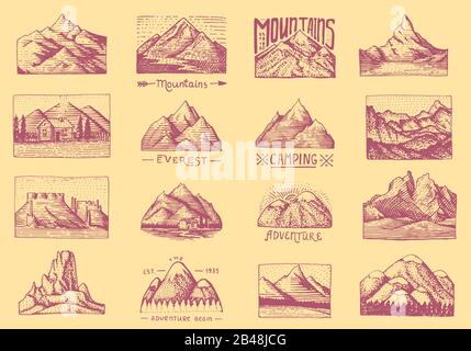 Abzeichen der Berggipfel. Etikettenset für Camping, Wandern und Jagen. Retro Outdoor-Adventures-Logo. Handgezeichnete, gravierte alte Skizze Stock Vektor