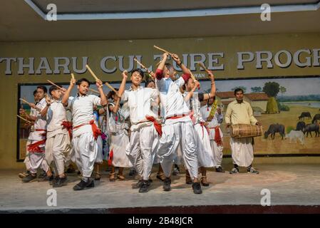 Sauraha, Nepal - 19. Januar 2020: Traditioneller Tharu-Tanz in Sauraha in Nepal Stockfoto