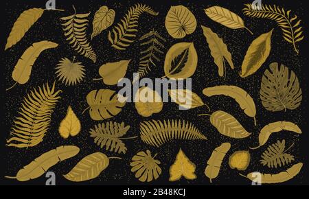 Tropische Blätter gesetzt. Dschungelpflanzen im Vintage-Stil. Sammlung exotischer Blumen und Elemente auf schwarzem Hintergrund. Handgezeichnet monochrom Stock Vektor