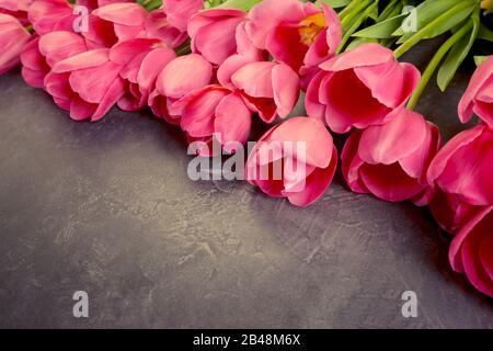 Rosa Tulpen auf dunkelgrauem Grunge Hintergrund. Copyspace. Stockfoto