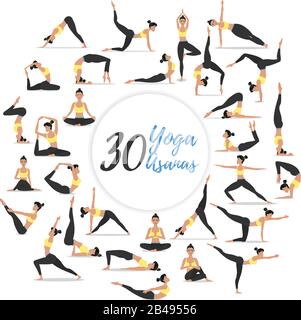 30 Yoga-Asanas setzten isoliert auf weißen Hintergrund Stock Vektor