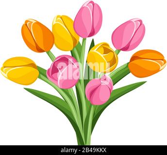 Vektor-Blumenstrauß aus rosa, orangefarbenen und gelben Tulpenblumen isoliert auf weißem Grund. Stock Vektor