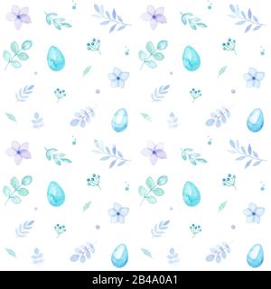 Fröhlicher Osterurlaub Aquarell nahtloses Muster mit bunten Eiern, Blumen und Blättern, Grußkarte, isoliert auf Weiß Stockfoto